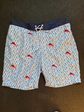 Tommy Bahama Blue Patterned Swim Board Shorts with Red Motifs